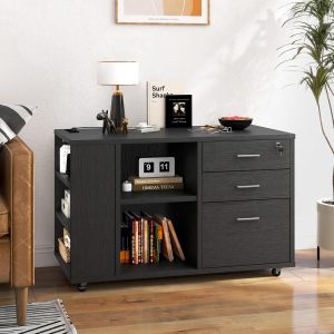 YITAHOME File Cabinet with Lock, 3 Drawer Lateral Filing Cabinet with Charging Station, Mobile Printer Stand with Open Storage Shelf for Home Office, Black